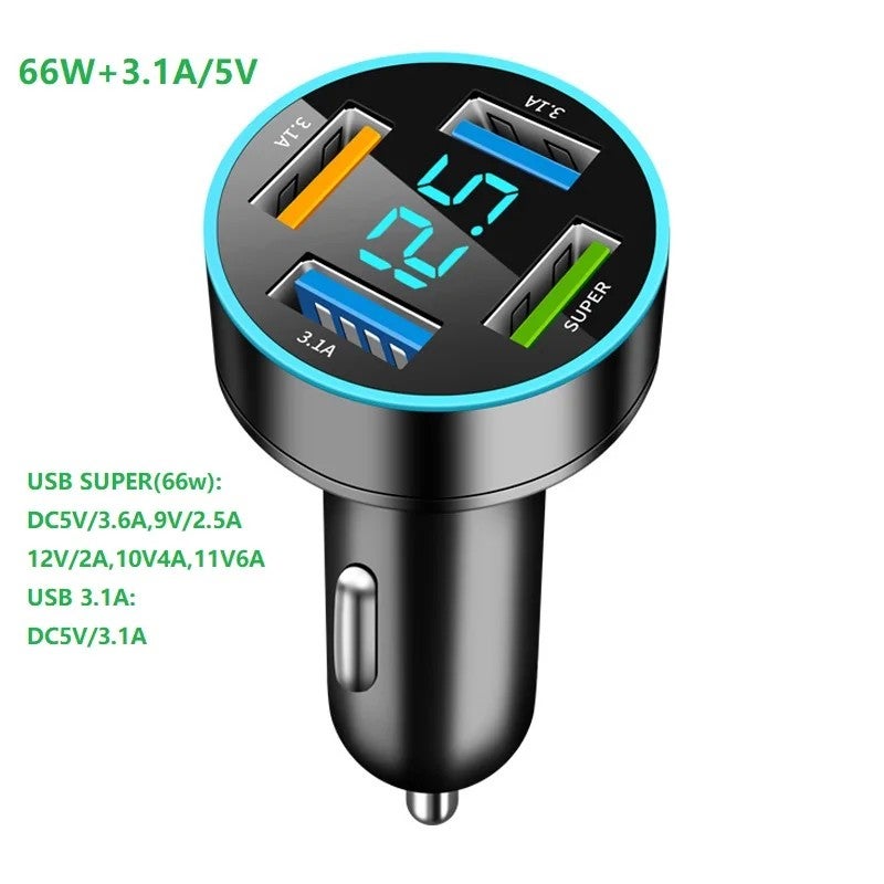 Bluejw 66W 4-Port USB Car Charger Adapter - Quick Charge USB-A & USB-C Fast Charging for Smartphones & Automobiles - Image 3